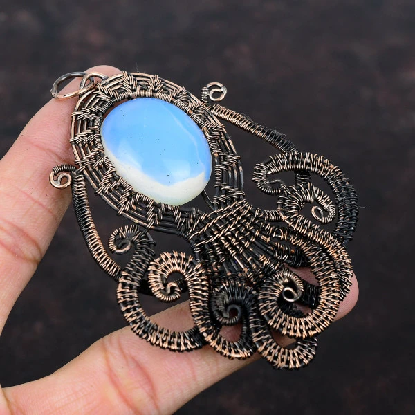 Milky Opal Oval White Handmade Copper Wire Wrapped Pendant