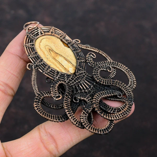 Picture Jasper Oval Yellow Handmade Copper Wire Wrapped Pendant