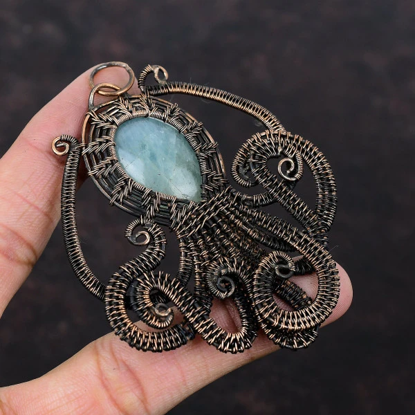Aquamarine Oval Green Handmade Copper Wire Wrapped Pendant