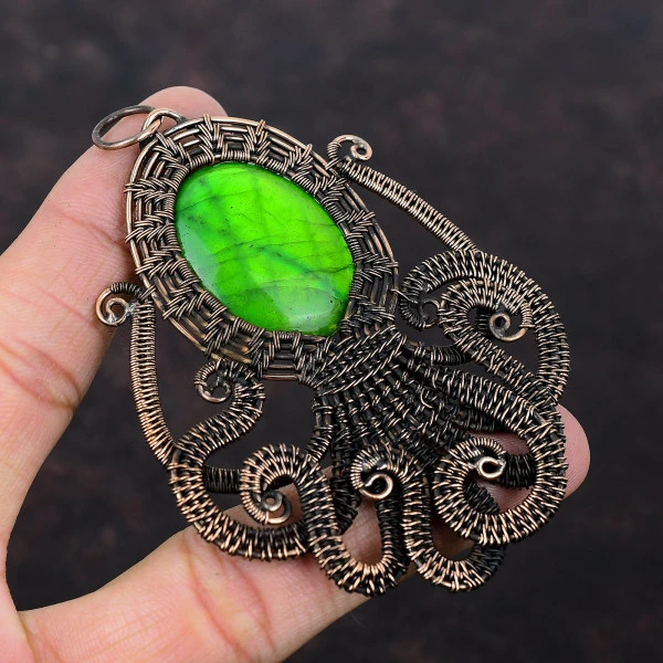 Green Fire Labradorite Oval Green Handmade Copper Wire Wrapped Pendant