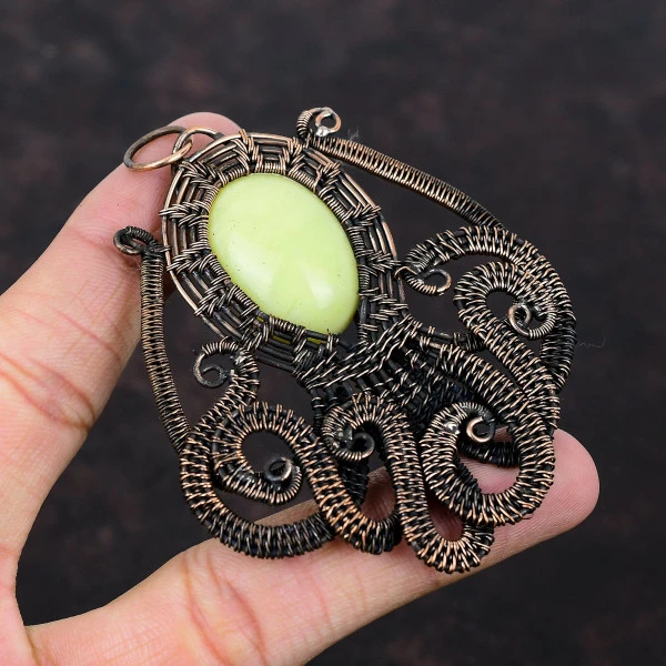 Serpentine Oval Green Handmade Copper Wire Wrapped Pendant