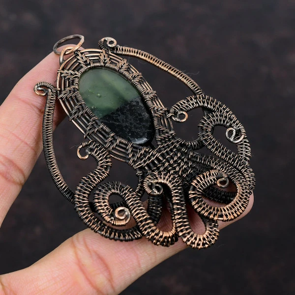 Vasonite Oval Green Handmade Copper Wire Wrapped Pendant