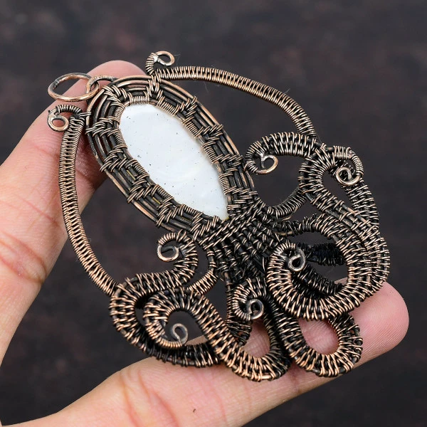 Mother Of Pearl Oval White Handmade Copper Wire Wrapped Pendant