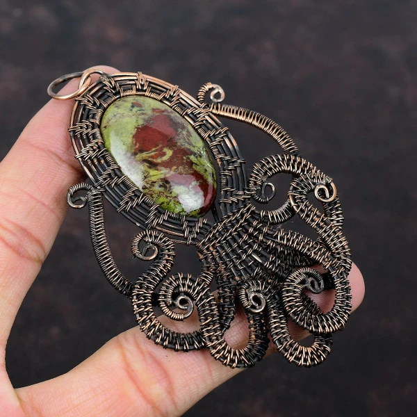 Dragon Bloodstone Oval Green Handmade Copper Wire Wrapped Pendant