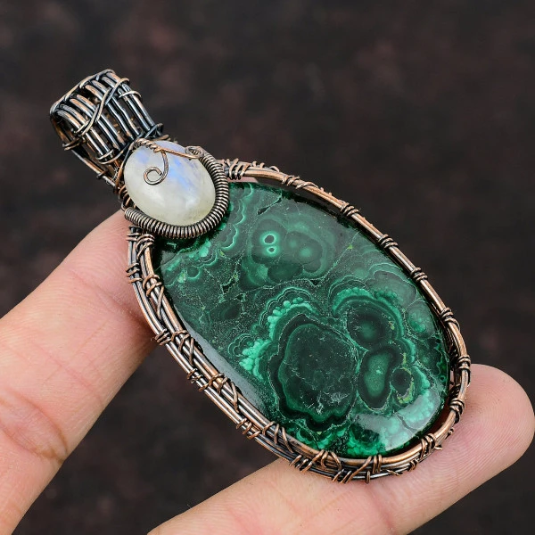 Malachite Oval Green Handmade Copper Wire Wrapped Pendant