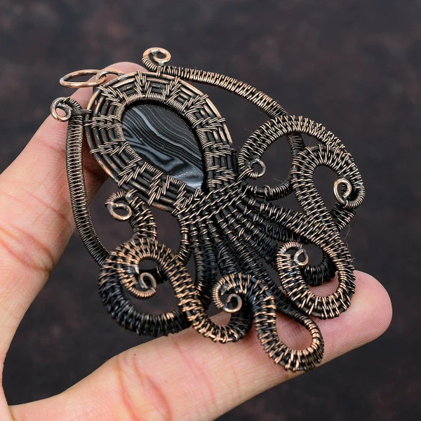 Psilomelane Oval Black Handmade Copper Wire Wrapped Pendant
