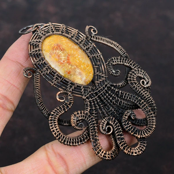 Fossil Coral Oval Yellow Handmade Copper Wire Wrapped Pendant
