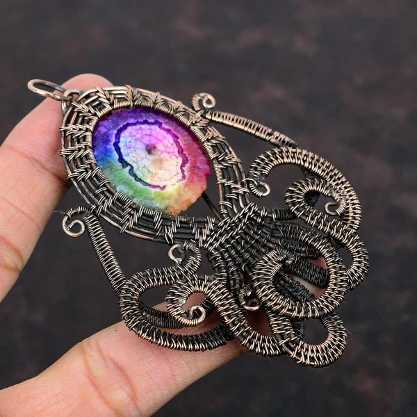 Rainbow Solar Quartz Druzy Round Pink Handmade Copper Wire Wrapped Pendant