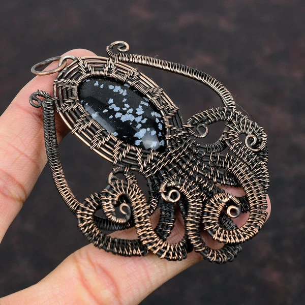 Snowflake Obsidian Oval Black Handmade Copper Wire Wrapped Pendant