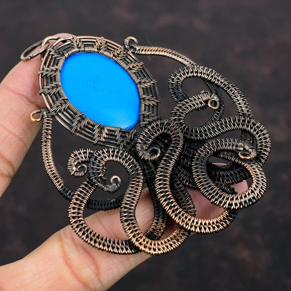 Sleeping Beauty Turquoise Oval Blue Handmade Copper Wire Wrapped Pendant