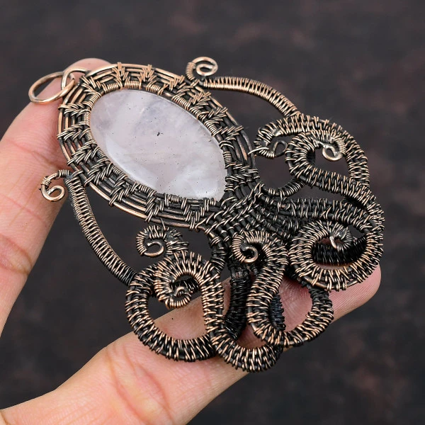 Rose Quartz Oval Pink Handmade Copper Wire Wrapped Pendant