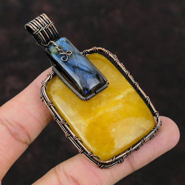Yellow Lace Agate Radiant Yellow Handmade Copper Wire Wrapped Pendant