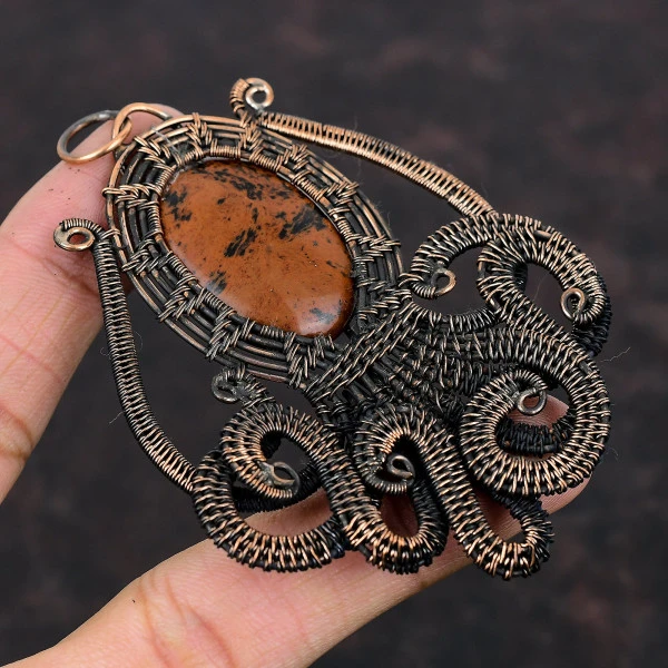 Mahogany Obsidian Oval Brown Handmade Copper Wire Wrapped Pendant