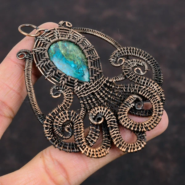 Chrysocolla Oval Green Handmade Copper Wire Wrapped Pendant