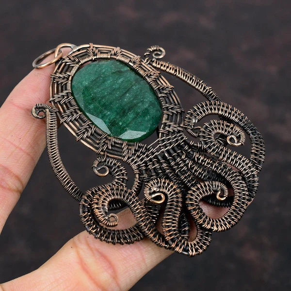 Zambian Emerald Oval Green Handmade Copper Wire Wrapped Pendant