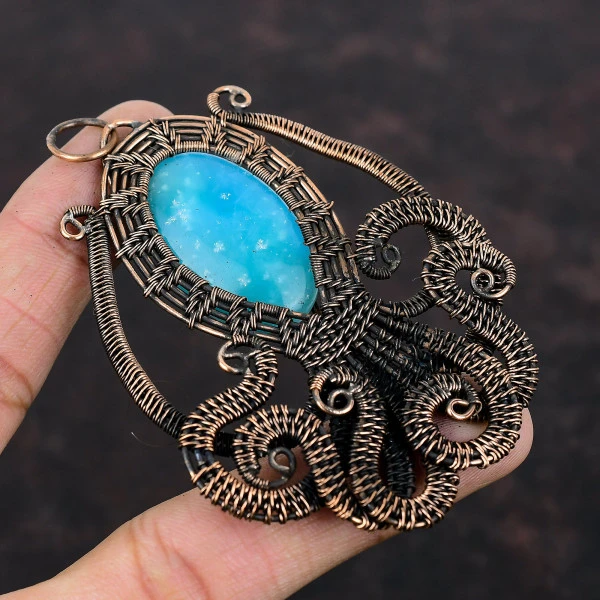 Smithsonite Oval Blue Handmade Copper Wire Wrapped Pendant