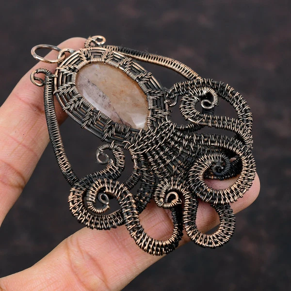 Sunstone Oval Orange Handmade Copper Wire Wrapped Pendant