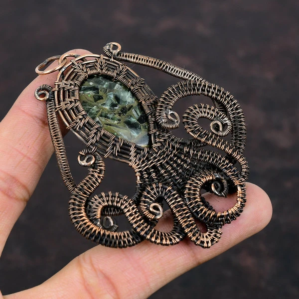 Copper Seraphinite Oval Green Handmade Copper Wire Wrapped Pendant