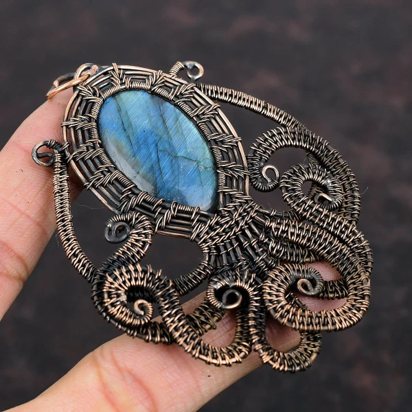 Labradorite Oval Gray Handmade Copper Wire Wrapped Pendant