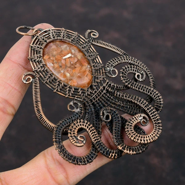 Sunstone Oval Orange Handmade Copper Wire Wrapped Pendant