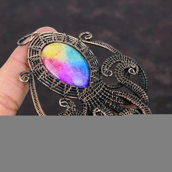 Rainbow Solar Quartz Druzy Oval Pink Handmade Copper Wire Wrapped Pendant