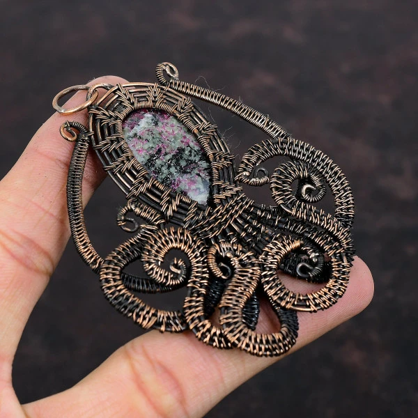 Eudialyte Oval Pink Handmade Copper Wire Wrapped Pendant