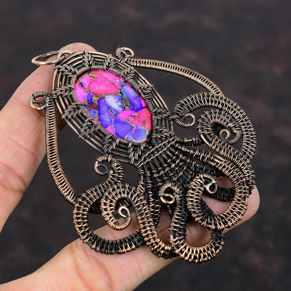 Natural Kingman Pink Dahlia Turquoise Oval Pink Handmade Copper Wire Wrapped Pendant