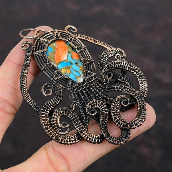 Spiny Oyster Copper Turquoise Oval Orange Handmade Copper Wire Wrapped Pendant