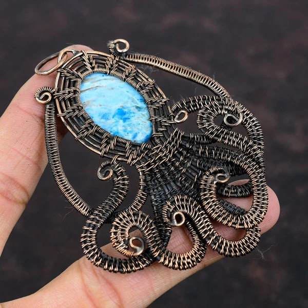 Neon Apatite Oval Blue Handmade Copper Wire Wrapped Pendant