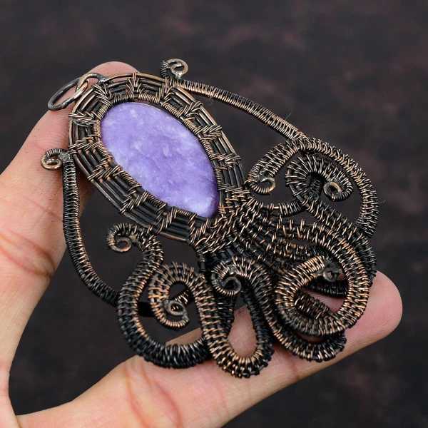 Lepidolite Oval Purple Handmade Copper Wire Wrapped Pendant