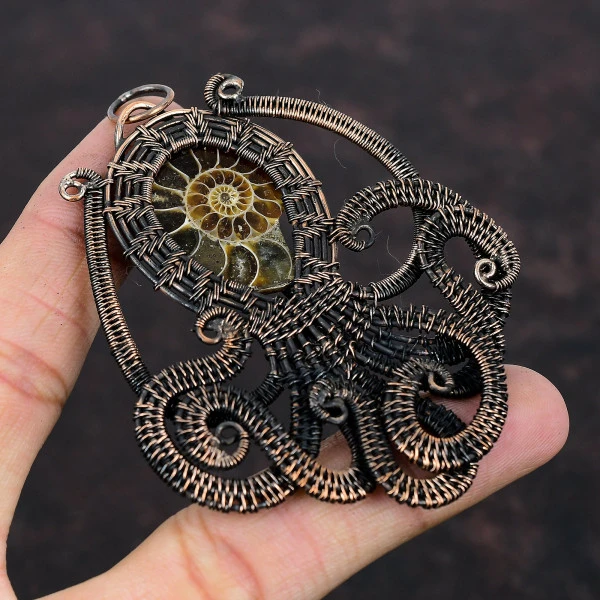 Ammonite Fossil Pear Brown Handmade Copper Wire Wrapped Pendant