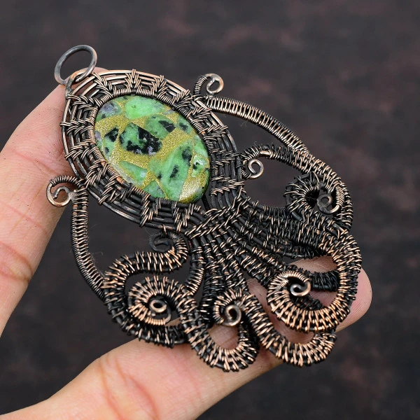 Copper Ruby Zoisite Oval Green Handmade Copper Wire Wrapped Pendant