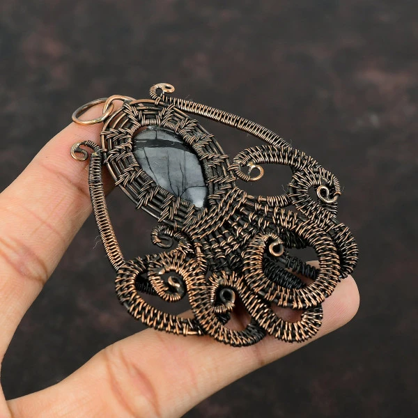 Picasso Jasper Oval Black Handmade Copper Wire Wrapped Pendant