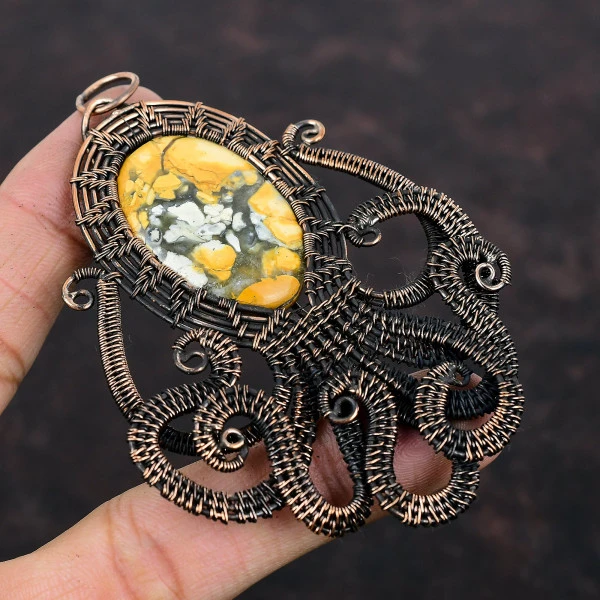 Maligano Jasper Oval Yellow Handmade Copper Wire Wrapped Pendant
