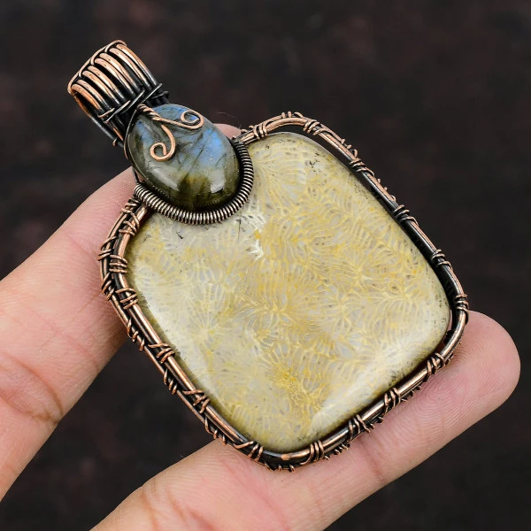 Fossil Coral Radiant Yellow Handmade Copper Wire Wrapped Pendant