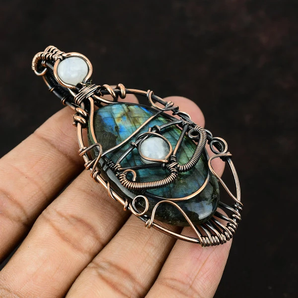 Labradorite Oval Blue Handmade Copper Wire Wrapped Pendant