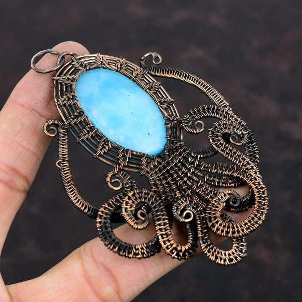 Hemimorphite Oval Blue Handmade Copper Wire Wrapped Pendant