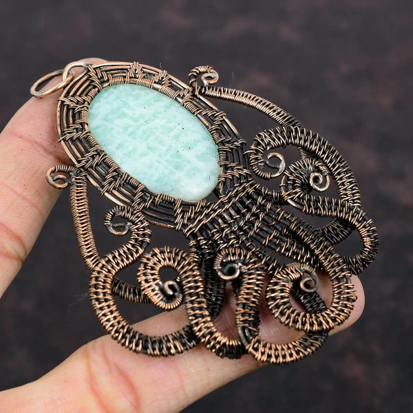 Amazonite Oval Green Handmade Copper Wire Wrapped Pendant