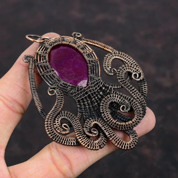 Kashmir Ruby Oval Red Handmade Copper Wire Wrapped Pendant