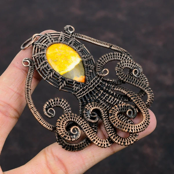 Bumble Bee Jasper Oval Yellow Handmade Copper Wire Wrapped Pendant