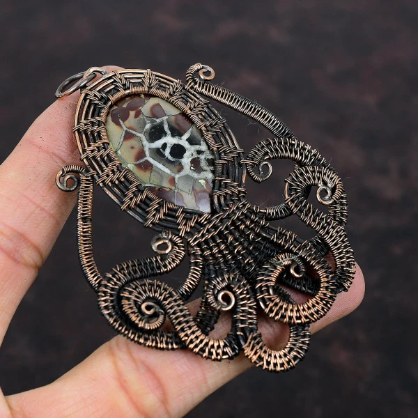Moroccan Mud Crack Fossil Oval Brown Handmade Copper Wire Wrapped Pendant