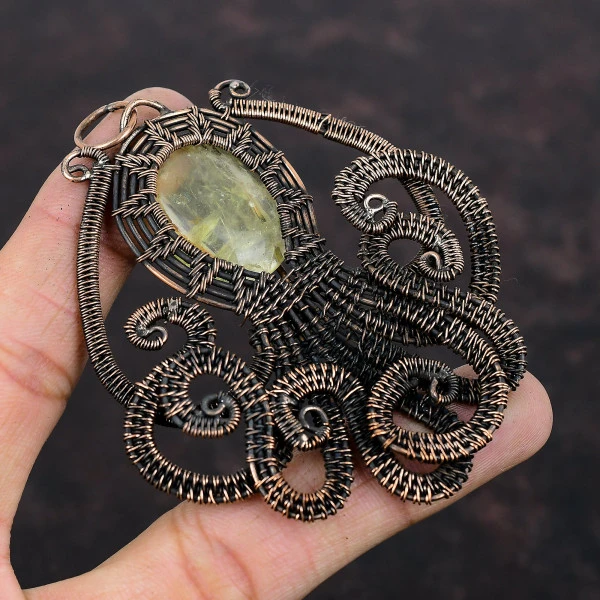 Citrine Oval Yellow Handmade Copper Wire Wrapped Pendant