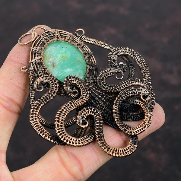 Chrysoprase Oval Green Handmade Copper Wire Wrapped Pendant