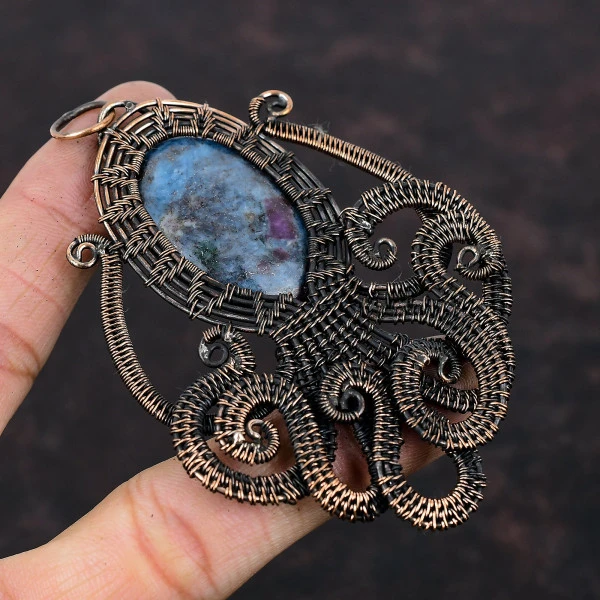Ruby In Blue Kyanite Oval Blue Handmade Copper Wire Wrapped Pendant