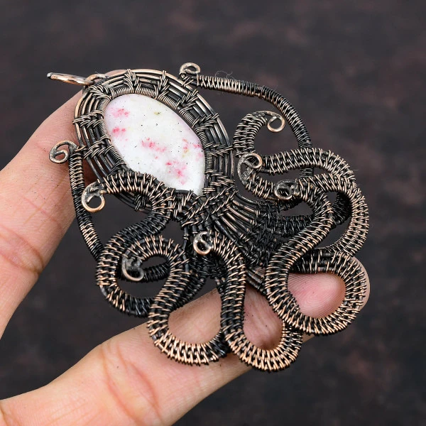 Cinnabar Oval White Handmade Copper Wire Wrapped Pendant