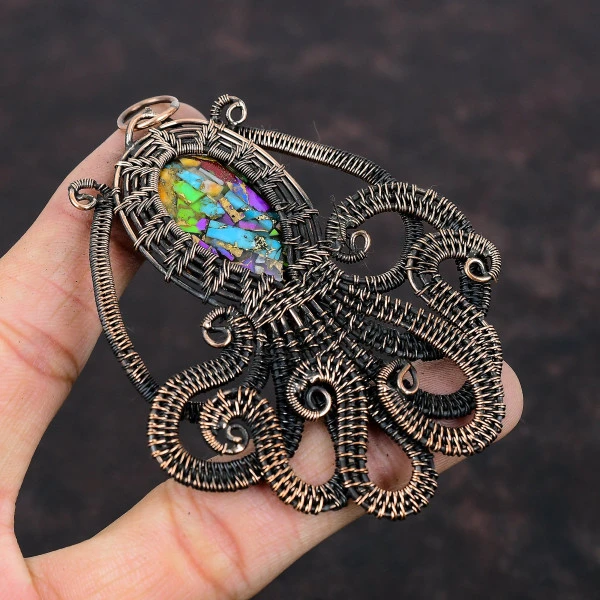 Fiesta Kingman Turquoise Oval Green Handmade Copper Wire Wrapped Pendant