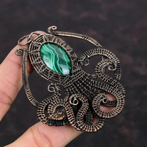 Malachite Oval Green Handmade Copper Wire Wrapped Pendant