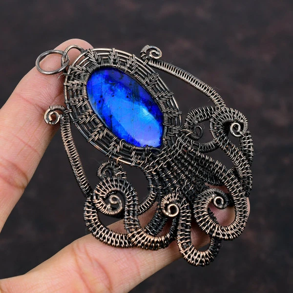 Blue Fire Labradorite Oval Blue Handmade Copper Wire Wrapped Pendant