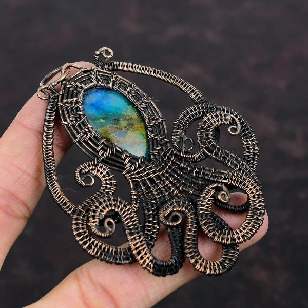 Shattuckite Oval Blue Handmade Copper Wire Wrapped Pendant