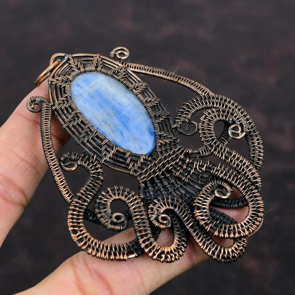 Kyanite Oval Blue Handmade Copper Wire Wrapped Pendant